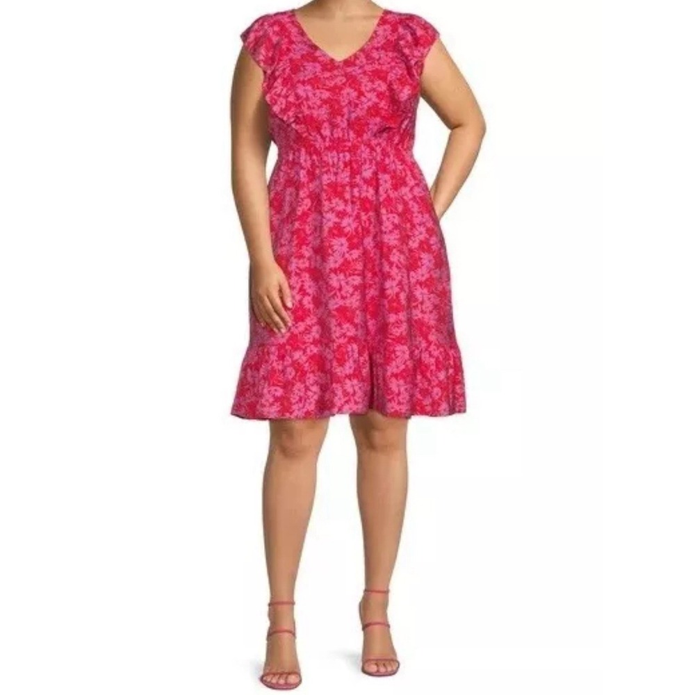 Terra & Sky Women's Plus Flutter Sleeve Dress Size 3X Floral Ruffle Pockets